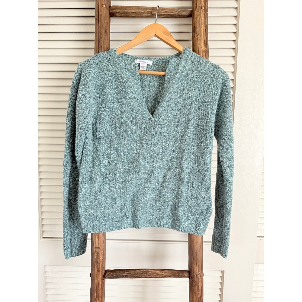 Dressbarn Blue Knit Sweater Button V Neck Long Sleeve Casual Comfy Top